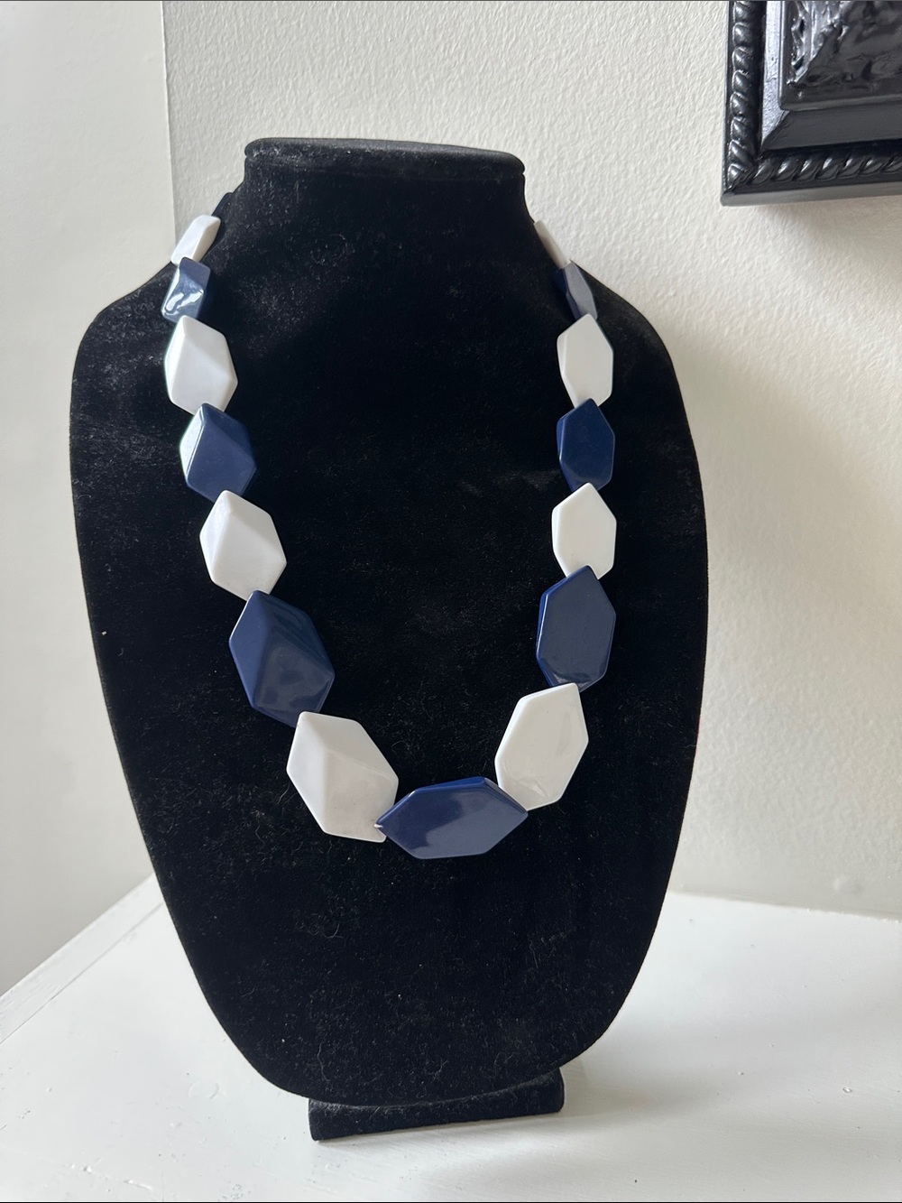 Vintage Geometric Bead Necklace in Navy and White